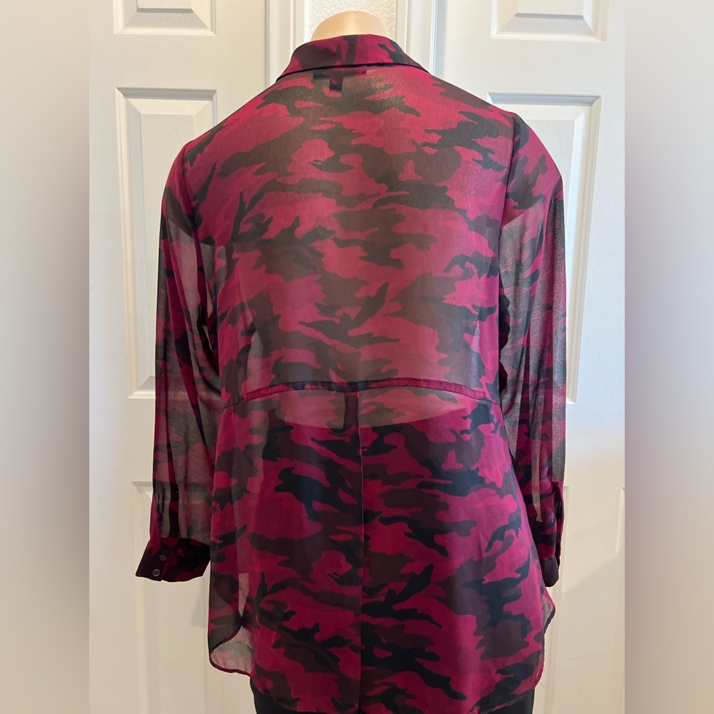 ***S O L D*** Sheer Burgundy & Black Animal Print Button Down Blouse. - Picture 3 of 7